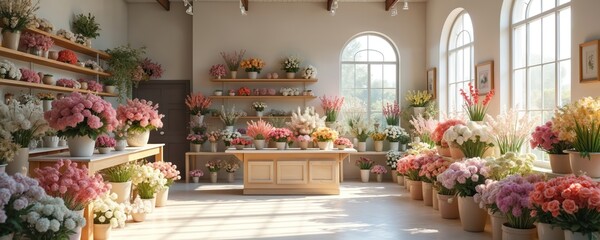 Fototapeta premium Interior of a flower shop filled with various colorful floral arrangements in pots and vases. Shelves and tables display bouquets and plants, with sunlight streaming through large windows.