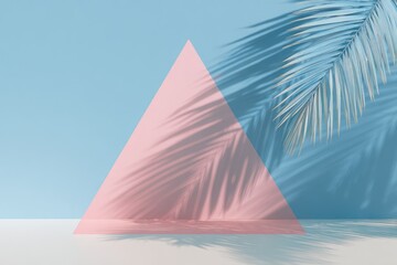 Palm frond shadows on a light blue wall and surface, overlaid by a pink triangle