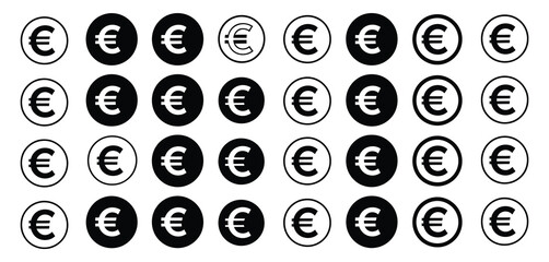 euro icon set, complete collection of euro symbols in various styles, including outline, solid, flat, and glyph designs, ideal for finance, banking, payment systems, and global currency vector project