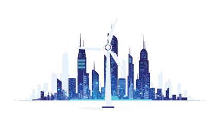 Obraz premium Futuristic cityscape integrates renewable energy with a prominent wind turbine symbolizing sustainable urban development and technological innovation.