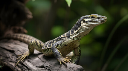 Close up photograph of a monitor lizard perched on weathered brown wood with blurred green foliage background highlighting reptile wildlife and natural habitat