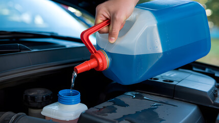 Close up photograph of a persons hand pouring blue colored windshield washer fluid from a large plastic container into a vehicle washer reservoir during maintenance