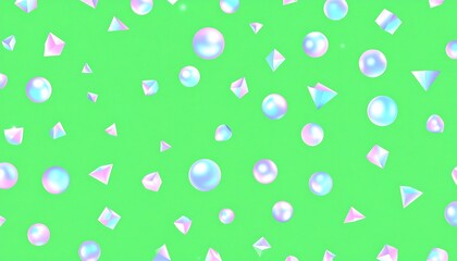 A vibrant green backdrop speckled with floating, iridescent spheres and geometric shapes, creating a playful, abstract design
