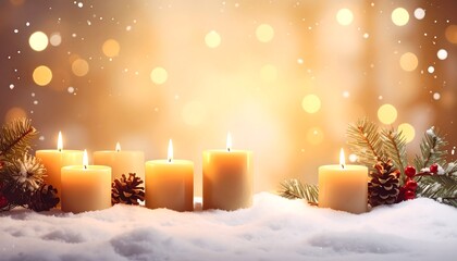 A warm, festive scene with lit candles on snow, surrounded by pine cones and festive foliage, illuminated by soft bokeh lights