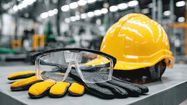Safety gear is arranged on a workbench in a factory. A yellow hard hat, protective gloves, and safety glasses are visible. Tools and machinery are in the background