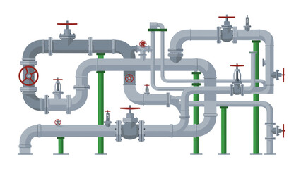 Complex industrial piping system with valves and supports illustrates infrastructure for fluid or gas transport in a facility.