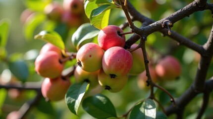 Obraz premium A beautiful close-up shot of small, ripening crabapples clustered together on a branch