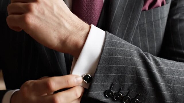 Elegant Man Adjusting Deep Red Textured Tie and Pinstripe Suit with White Shirt and Pocket Square Subtle Lighting Focus on Hands Detailed Texture Elegant Formal Attire