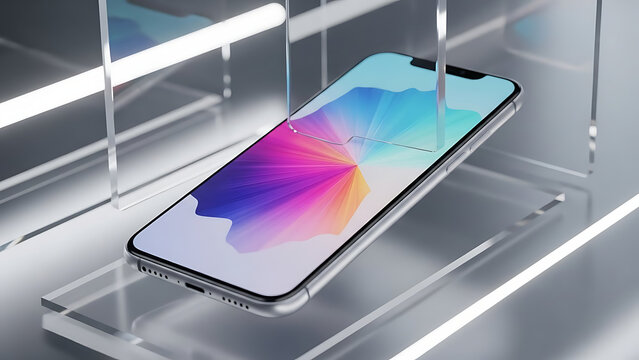 high-resolution smartphone mockup with bezel-less screen, floating in a modern tech environment, clean background with soft reflections to emphasize the screen--v 6.1 --ar 16:9 --q 2"