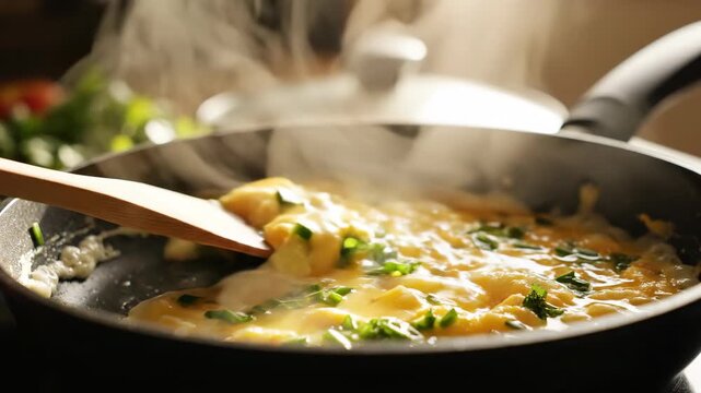 Close-up of a wooden spoon stirring scrambled eggs with fresh herbs in a hot frying pan, creating steam and a delicious breakfast meal.