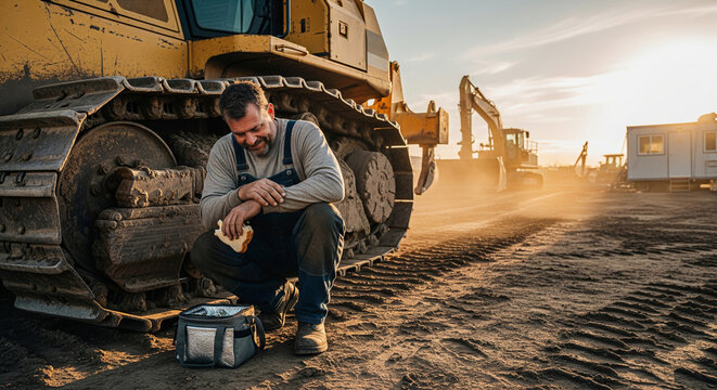 A tractor driver crouched near the tracks of heavy machinery and rested after a working day during his lunch break.