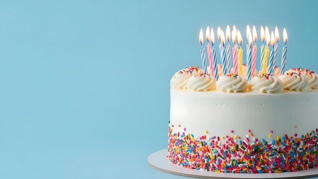 Birthday cake with lit candles on blue background