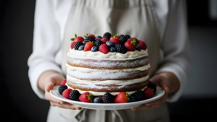 Woman holding a layered cake with strawberries, blueberries, and blackberries
