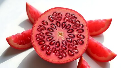A vibrant cross-section of a deep red exotic fruit with dark seeds arranged in a stunning radial starburst pattern