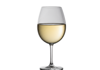 a single, elegant crystal wine glass with subtle micro-condensation, precisely half-filled with pale golden chilled chardonnay, set against a transparent studio background. concept of high-end