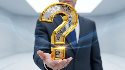 Businessman Holding a Large Golden Question Mark with QR Code.