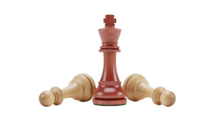 Wooden chess king piece isolated PNG, standing tall among fallen pawns on transparent background, strategy and game concept