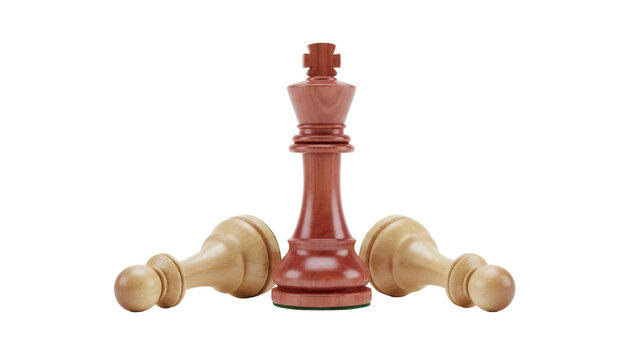 Wooden chess king piece isolated PNG, standing tall among fallen pawns on transparent background, strategy and game concept