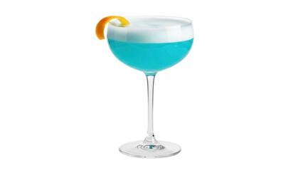 Blue cocktail in coupe glass isolated PNG, refreshing alcoholic drink with orange peel garnish on transparent background