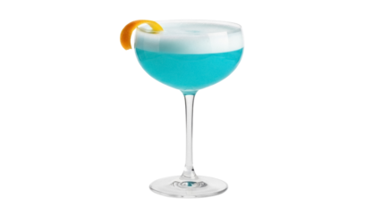 Blue cocktail in coupe glass isolated PNG, refreshing alcoholic drink with orange peel garnish on transparent background