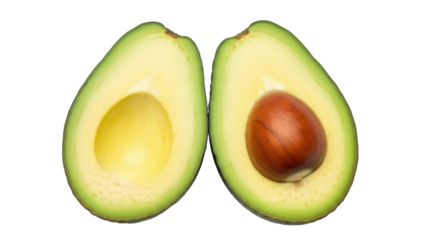 Two avocado halves PNG isolated on transparent background, fresh green fruit with and without pit, healthy eating concept