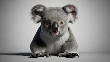 A cute, fluffy grey koala sits facing forward on a smooth grey background, featuring large round ears, a prominent black nose, and sharp claws resting on the surface.