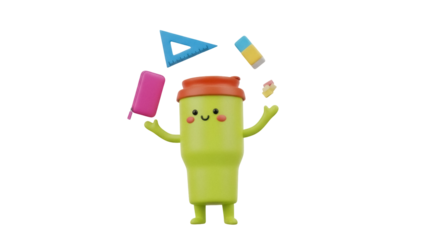 Cute green cartoon character with school supplies isolated PNG, fun back to school design element on transparent background