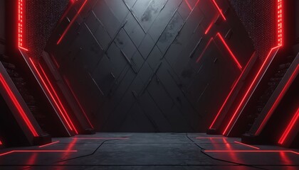 Dark modern room with geometric patterns on wall. Red neon lights glow along edges, floor. Futuristic interior design with metal texture. Abstract tech space creates edgy mood. Used for gaming