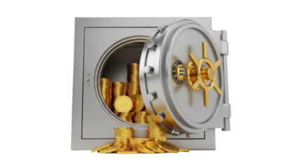 Open bank vault with gold coins isolated PNG, financial security and wealth concept for banking and investment themes on transparent background