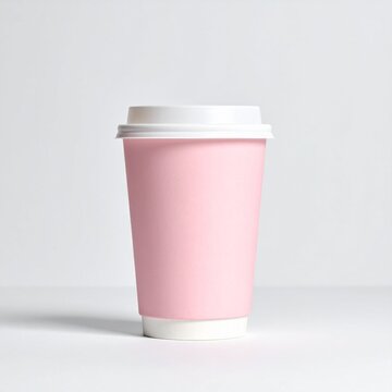 Ein hellrosafarbener, minimalistischer Coffee-to-go-Becher mit wei&szlig;em Deckel 