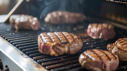 Close up photograph of grilled meat on a stainless steel grill grate highlighting barbecue cooking texture heat and savory outdoor food preparation