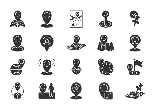 Map pin thin glyph icon set. Containing gps, pin marker, pushpin, map point, you are here, street map, map, address, world