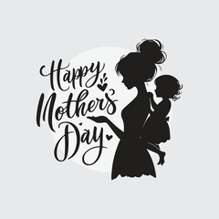 silhouette of a mother holding her child&rsquo;s hand with hand-lettered &lsquo;Happy Mother&rsquo;s Day&rsquo; text