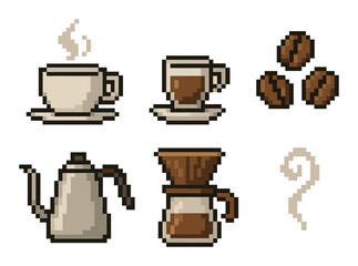 Pixel art coffee icons: cup, beans, pot, drip filter, steam