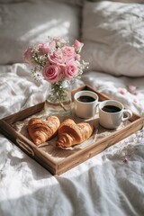Heart-shaped croissants, two coffee cups and a small bouquet rest on a breakfast tray in bed. Light linen bedding and soft shadows create gentle romantic morning.
