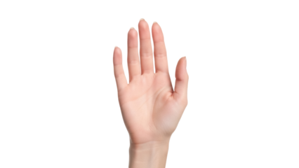 Open human hand PNG isolated on transparent background, gesture of greeting or stop, skin texture and natural light for medical or design use