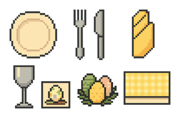 Pixel art dining set with plate, silverware, napkin, glass, egg art, and placemat