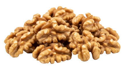 Pile of walnut halves isolated PNG on transparent background, nutritious snack for healthy eating and culinary use