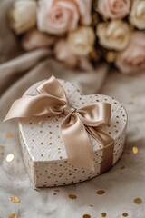A heart-shaped gift box with satin bow lies on neutral fabric with gold confetti. Roses blurred in background create a soft Valentine atmosphere.