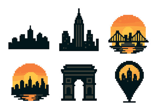Pixel art cityscapes with iconic landmarks at sunset