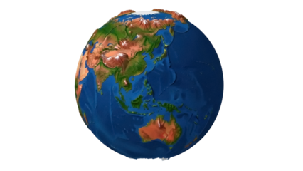 Detailed Earth globe showing Asia and Australia isolated PNG, geographical model of the world for educational and design purposes on transparent background