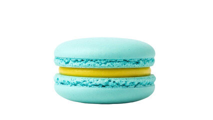 Light blue macaron isolated PNG, delicious French meringue-based confection with yellow filling on transparent background, sweet treat for dessert