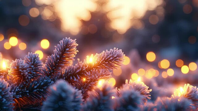 Close-up of frosted pine branches with warm bokeh lights, creating a magical winter holiday atmosphere.