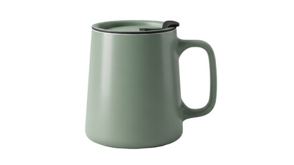 Sage green ceramic mug with lid isolated PNG, modern coffee cup for hot beverages on transparent background