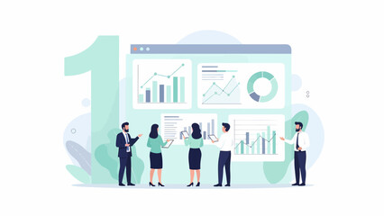 Business analytics team analyzing data charts on a digital dashboard for strategic decision-making