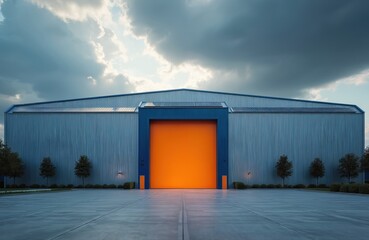 Obraz premium Large industrial warehouse with blue metal siding and an orange roll up door. Solar panels adorn the roofline. Exterior shot in daylight under cloudy skies.
