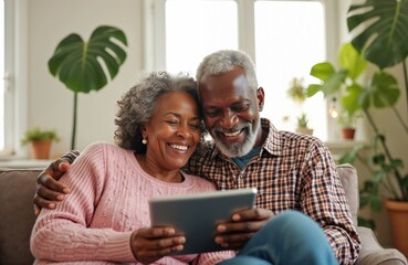Elderly African American couple sits on couch, laughing while looking at tablet device. They are at home, connected digitally with family, sharing joy and conversation.