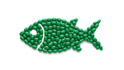 Green candy fish isolated PNG on transparent background, sweet food art made of colorful sugar coated chocolates for kids party decoration