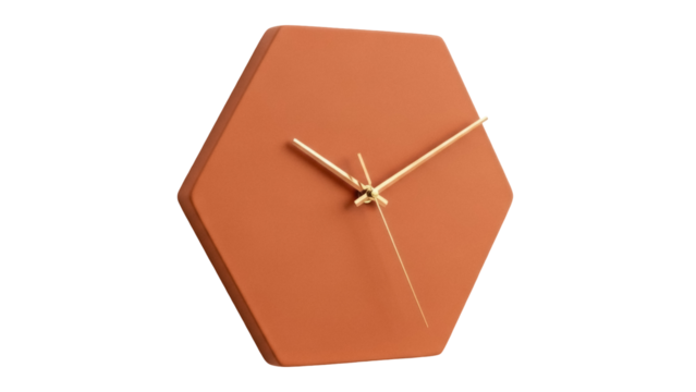 Modern terracotta hexagon wall clock isolated PNG on transparent background, minimalist timekeeping decor for interior design - Powered by Adobe