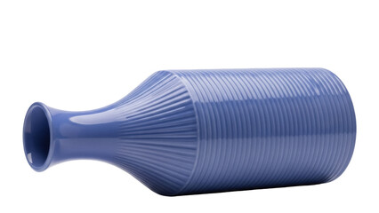 Periwinkle blue ceramic vase isolated PNG, ribbed bottle with narrow neck on transparent background, decorative pottery for interior design